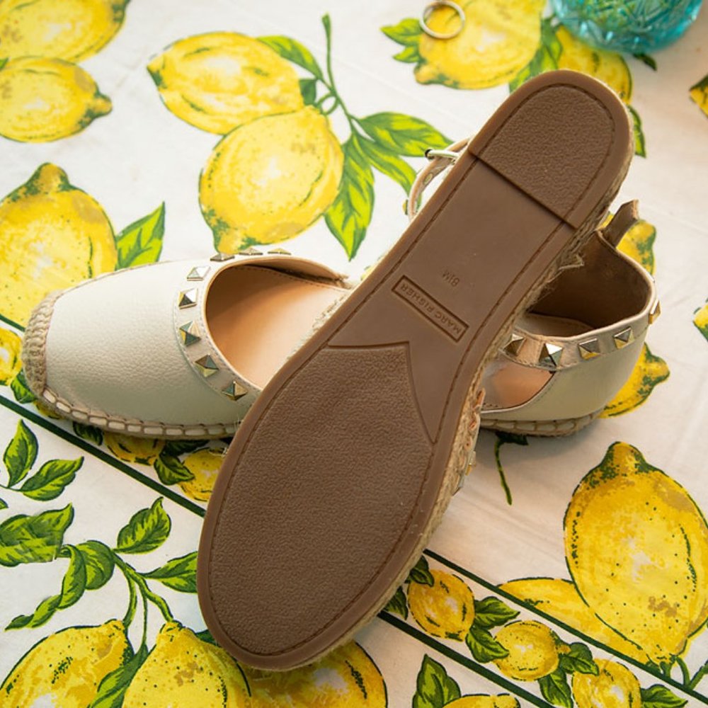 Marc Fisher off-white leather pyramid stud ankle strap espadrilles size 8.5